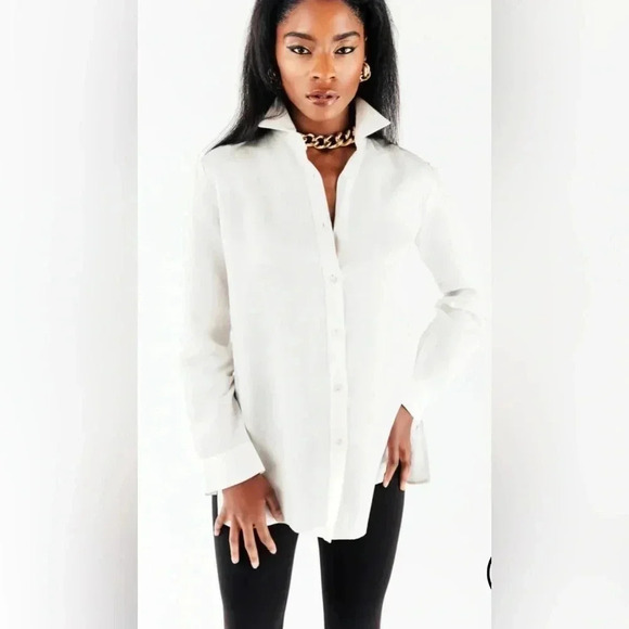 Chloe Kristyn Women’s Erin Button Collar Blouse Sleeve Garter‎ Linen Medium EUC - Picture 1 of 12